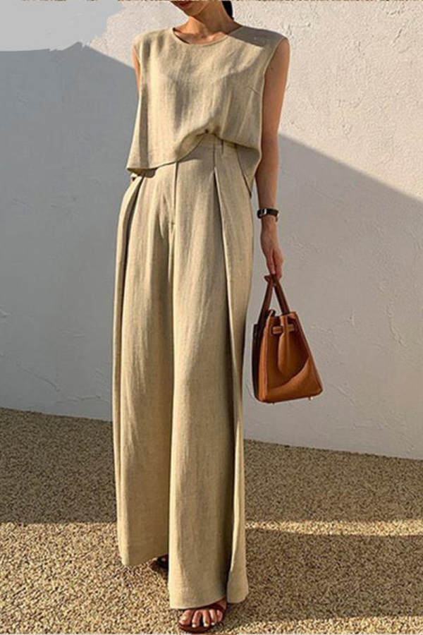 Casual Solid Split Joint O Neck Sleeveless Two Pieces(3 Colors)