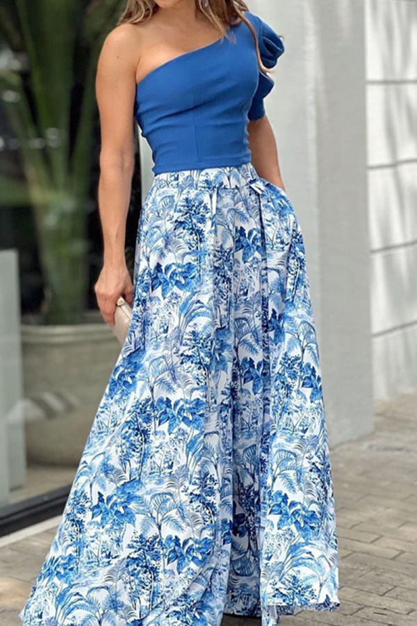 Casual Print One Shoulder Sleeveless Two Pieces