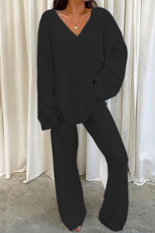 Casual Loose Solid Color V Neck Two Pieces(5 Colors)